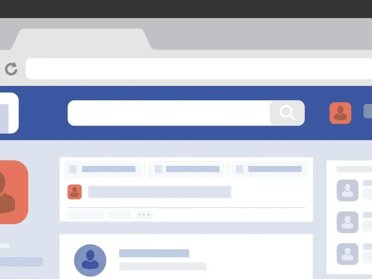 Interfejs Facebooka, pokazujący pasek wyszukiwania i ikonę profilu. Dowiedz się, jak dodawać zdjęcia na Facebooku.