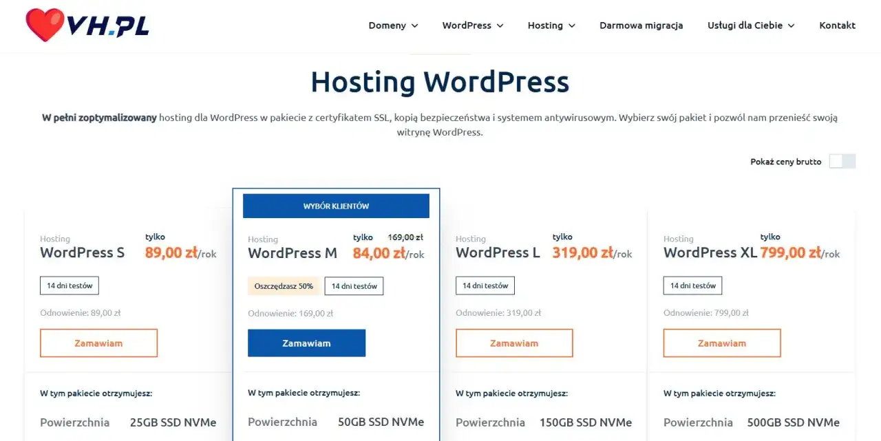 Porównanie pakietów hostingu WordPress: S, M, L, XL. Znajdź idealne rozwiązanie, gdzie domena i hosting są w zasięgu ręki.