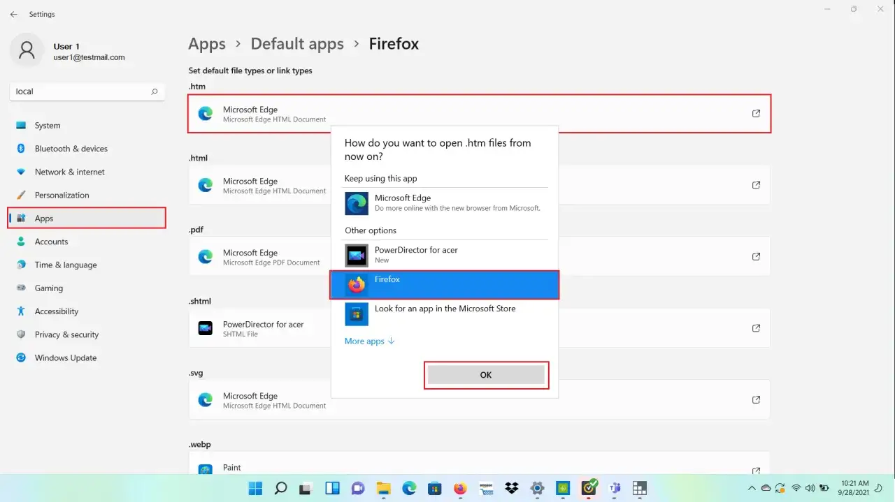 Ustawianie domyślnej przeglądarki w Windows 11: wybierz Firefox jako domyślną aplikację do otwierania plików .htm.