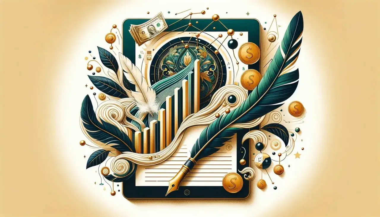 Grafika symbolizująca jak zarabiać na blogu: pióro, wykresy, monety i banknoty na tle tabletu.