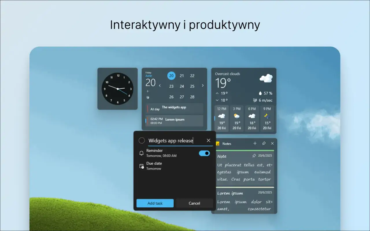 Interaktywny pulpit z widżetem kalendarza, zegarem, prognozą pogody i notatkami. Widżety z Microsoft Start ułatwiają organizację dnia.