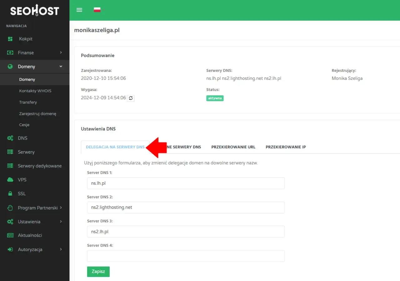 Panel SEOHOST: ustawienia DNS domeny. Widoczna opcja 