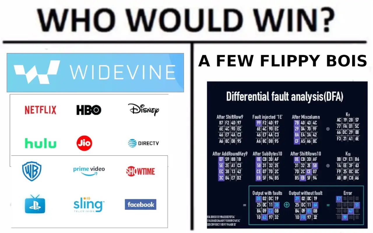 Widevine Content Decryption Module to technologia chroniąca treści wideo. Obok loga Netflix, HBO, Disney, Hulu, Jio, WB, Prime Video, Showtime, Sling, Facebook.
