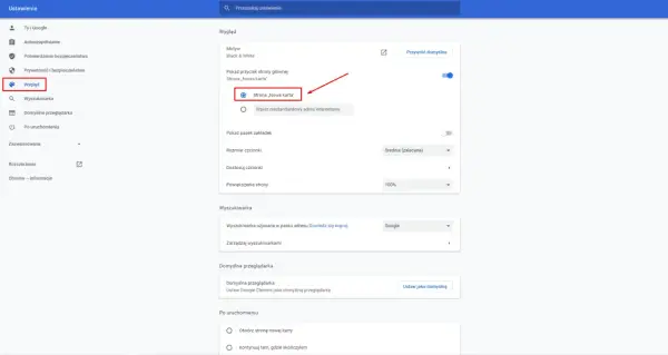Ustawienia wyglądu przeglądarki Google Chrome: wybierz "Strona 'Nowa karta'" jako stronę główną.